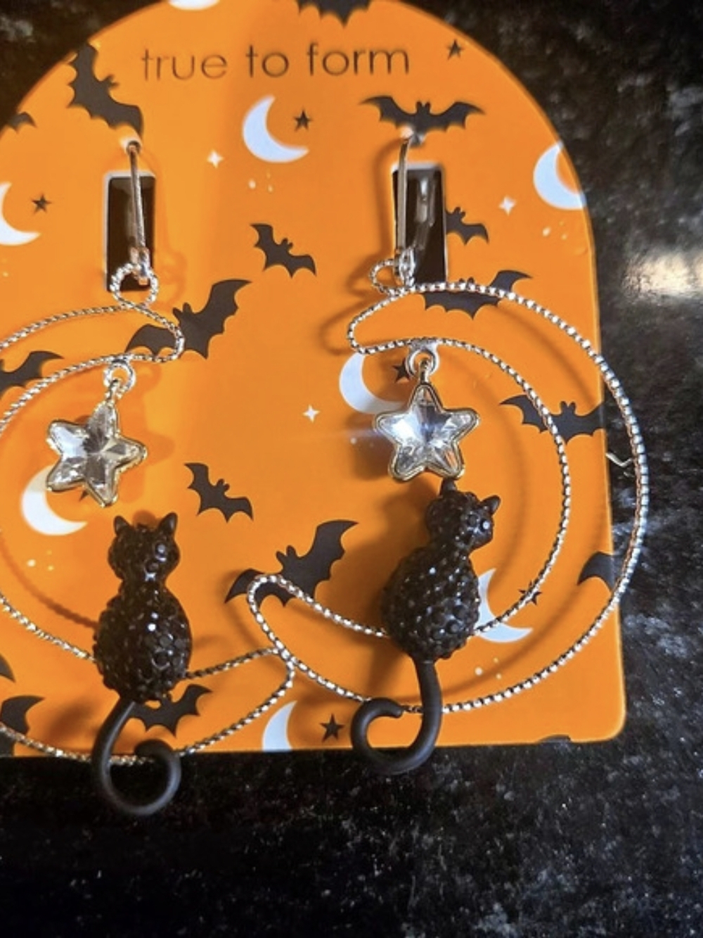 true to form Crystal Star Cat Crescent Moon Earrings Black & Silver